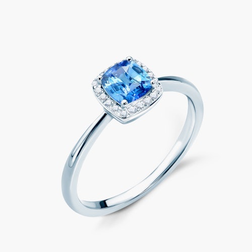 Pierścionek zaręczynowy SAVICKI: białe złoto, niebieski szafir, diamenty